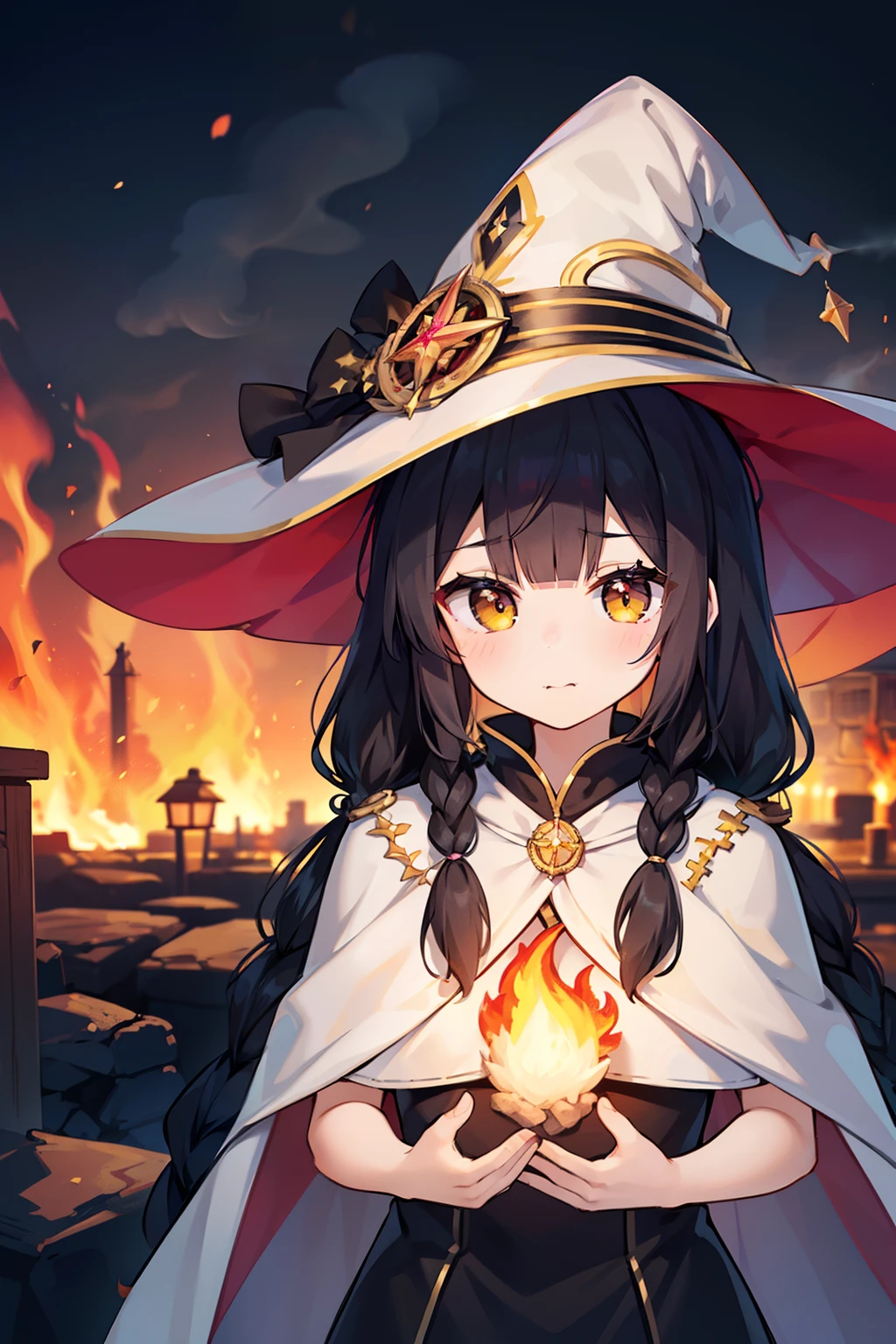 masterpiece, best quality, 1girl, solo, black hair, blunt bangs, (braided buns), ((short twintails)), yellow eyes, ((holding a white witch hat)), ((white long cape)), black dress, ((pink inside the fabric)), greeting, lower one's back, burning town, smoke of fire, cloudy weather