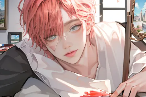 A pink-haired male，White pupils，Flushed cheeks，Smile shyly，Surround yourself with love，Look down，perspire，Teenage uncensored，There are traces of paint on the face and clothes，painter，Ultra-clear HD half-body，Rich in detail，Masterpiece。