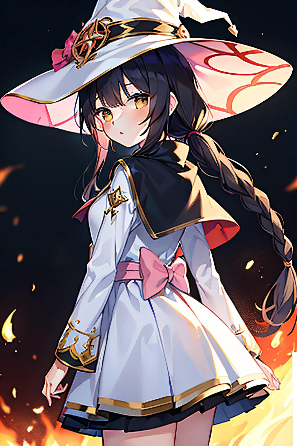 masterpiece, best quality, 1girl, solo, black hair, blunt bangs, (braided buns), ((short twintails)), yellow eyes, ((holding a (((white))) witch hat)), (((white))) long cape, black dress, ((pink inside the fabric)), greeting, lower one's back, burning town, smoke of fire, cloudy weather