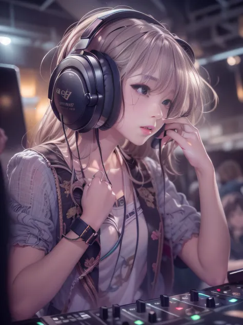 Alafed woman in DJ venue wearing headphones, ((A look tinged with joy，Ephemeral woman))，nightcore, With headphones, Kantai Colle...