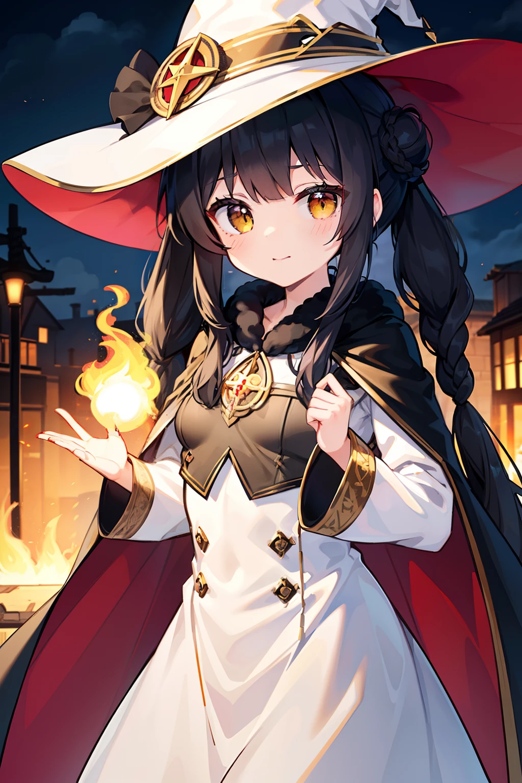 masterpiece, best quality, 1girl, solo, black hair, blunt bangs, (braided buns), ((short twintails)), yellow eyes, ((holding a (((white))) witch hat)), (((white))) long cape, black dress, ((pink inside the fabric)), greeting, lower one's back, burning town, smoke of fire, cloudy weather