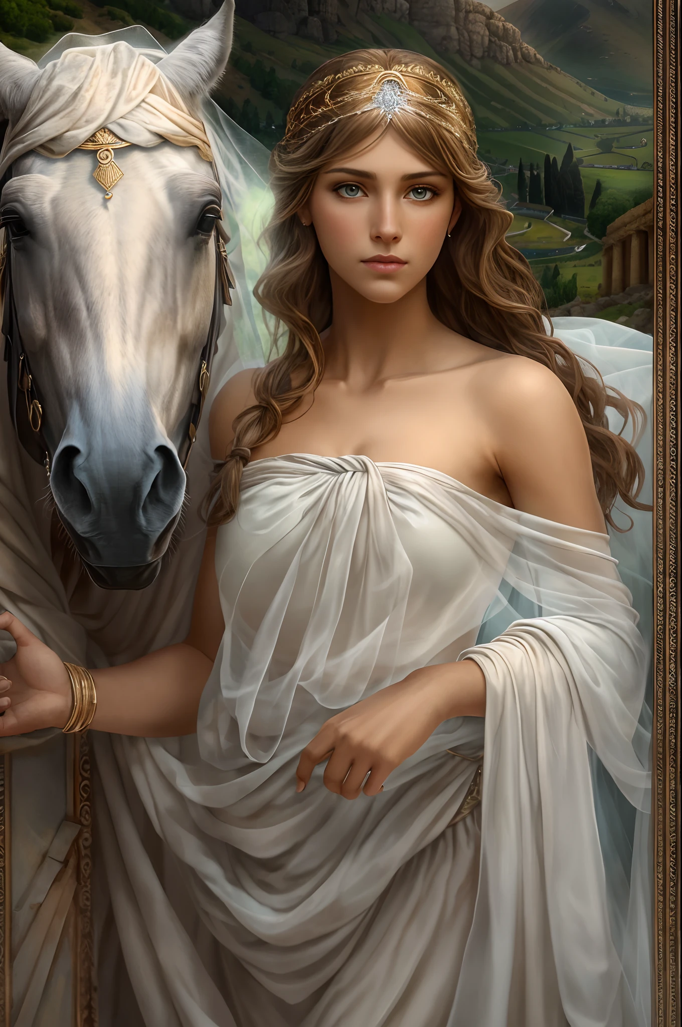 Greek girl goddess of husbandry and horses, With light brown hair, Has light brown strong-willed eyes, Wears white greek toga and veil, Is pouting, One black horse is behind, Ancient Arcadian field and mountain, Greek mythology, mysterious winter of mythic Greece, super high quality, ultra accurate description of hands, HDR, photorealistic, super detail, masterpiece, 8K