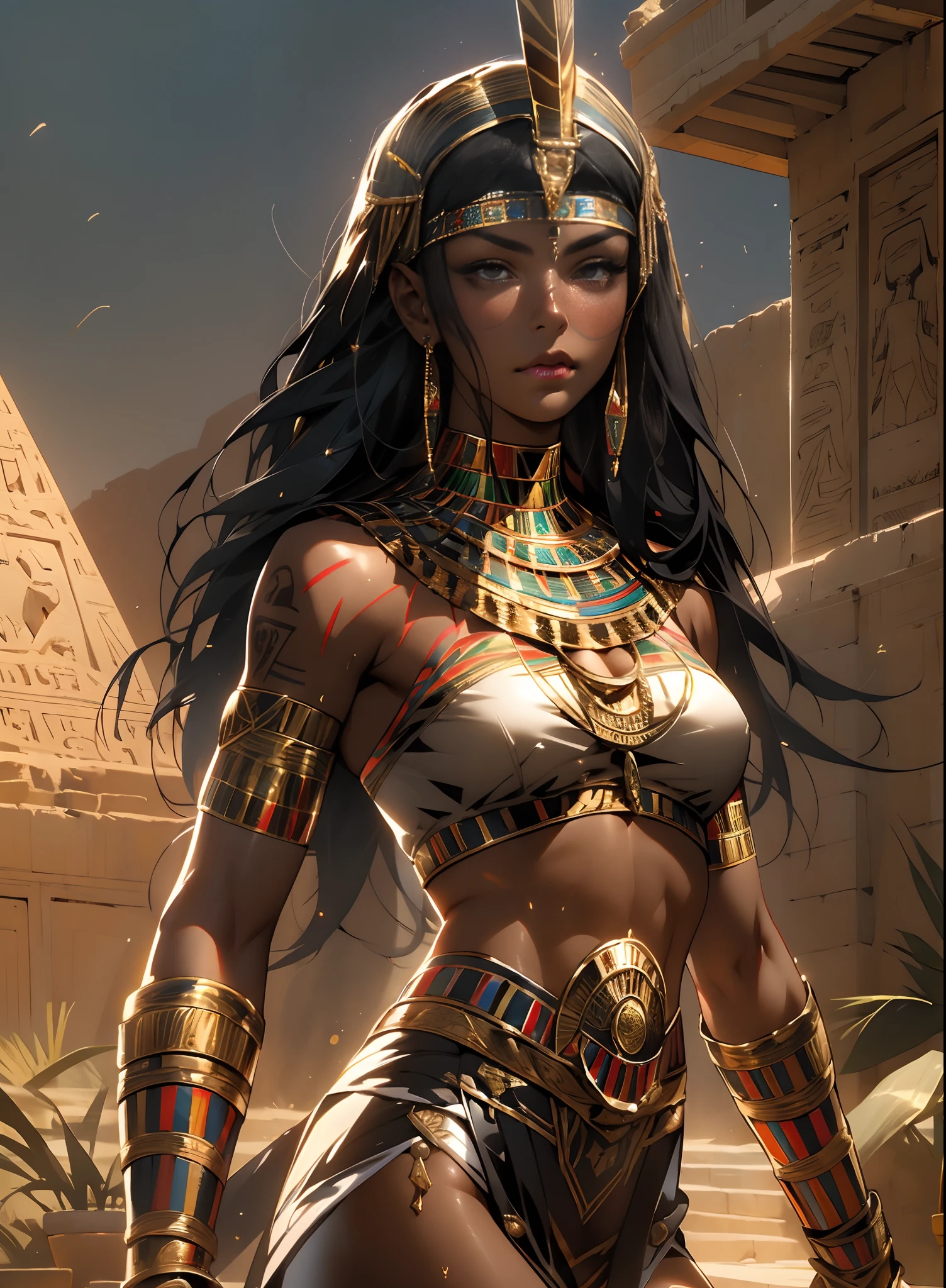 ((Frank Frazetta)), beautiful black woman, Beautiful black eyes, Egyptian woman, (Glossy Egyptian ornaments), muscular and perfect body,(top-quality、8K、32K、​masterpiece、nffsw:1.3)、超A high resolution,(Photorealsitic:1.4),, long black hair with heavy bangs on the forehead,,Image from head to thigh,Ray traching,Sun glare,depth of fields,By backlight effect、Add depth to your screen、muscular body, Red veil, dark skin shiny with oil and sweat, Anubis warrior in small clothes, golden bra, Egyptian tattoo,, Large breasts, Generous cleavage, , A desert, pyramids in the background