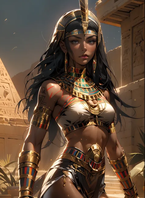 ((Frank Frazetta)), beautiful black woman, Beautiful black eyes, Egyptian woman, (Glossy Egyptian ornaments), muscular and perfe...