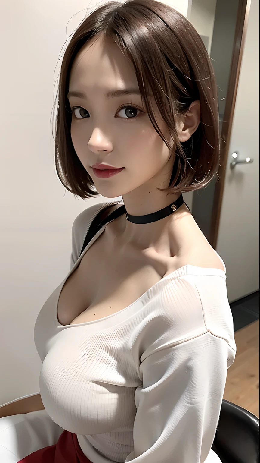 （best qualtiy，8k，32k，tmasterpiece，UHD：1.2），Beautiful Japanese woman in the photo，big cleavage breasts，Very short Bob hair，sface focus，oversized_sweater，choker necklace，simple backgound，from the above，looking at viewert，