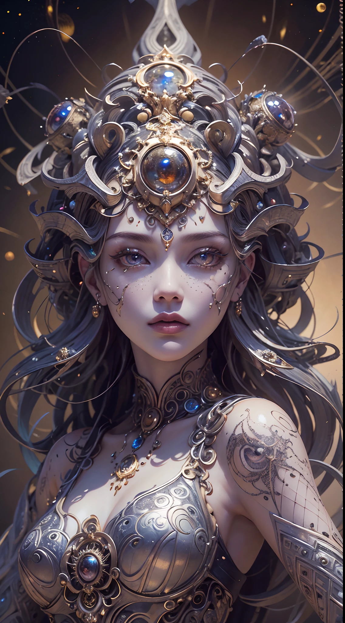 （best qualtiy，ultra - detailed，Most Best Illustration，Best Shadow，tmasterpiece，hight resolution，professionalartwork，famousartwork），Detailed eyes，beautidful eyes，closeup cleavage，sci-fy，colored sclera，Robotic eyes，face markings，tattooed，（fractalized，Fractal Eye），largeeyes，wide eyes，（Eye focus），sface focus，the eye of the universe，the eye of the universe，Close up of metal sculpture of woman with moon in hair，goddes。extremely high detail，3 d goddess portrait，Highly detailed footage of the goddess，a stunning portrait of a goddess，Side image of the goddess，portrait of a beautiful goddess，Full body close-up of goddess，Goddess of Hecate，portrait of a norse moon goddess，goddess of space and time
