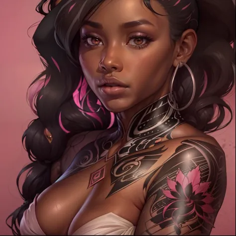 ebony skinned female wearing tight black and white dress, has flowing black hair with pink streaks, brown eyes, cleavage, has arm tattoos