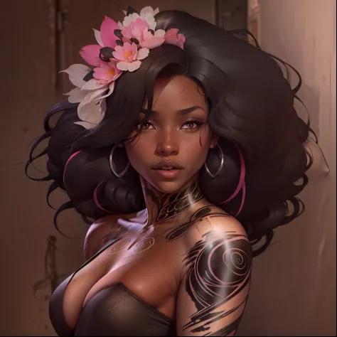 ebony skinned female wearing tight black and white dress, has flowing black hair with pink streaks, brown eyes, cleavage, has arm tattoos