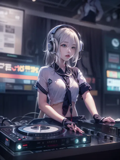 Alafed woman in DJ venue wearing headphones, A look tinged with joy，Ephemeral woman，nightcore, With headphones, Kantai Collectio...