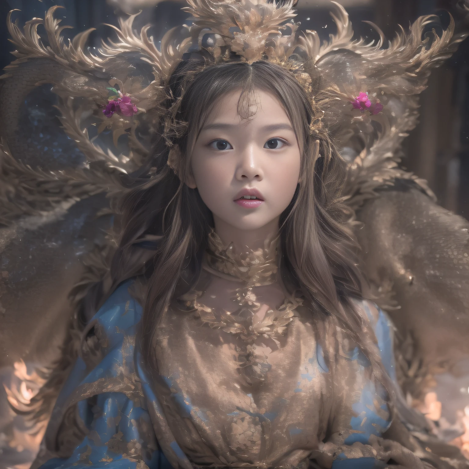 32K（tmasterpiece，k hd，hyper HD，32K）short detailed hair，Gold jewelry area in the back room，Flame Girl ，Yao Lang protector （realisticlying：1.4），Python pattern robe，Purple-pink tiara，Snowflakes fluttering，The background is pure，Hold your head high，Be proud，The nostrils look at people， A high resolution， the detail， RAW photogr， Sharp Re， Nikon D850 Film Stock Photo by Jefferies Lee 4 Kodak Portra 400 Camera F1.6 shots, Rich colors, ultra-realistic vivid textures, Dramatic lighting, Unreal Engine Art Station Trend, cinestir 800，Hold your head high，Be proud，The nostrils look at people