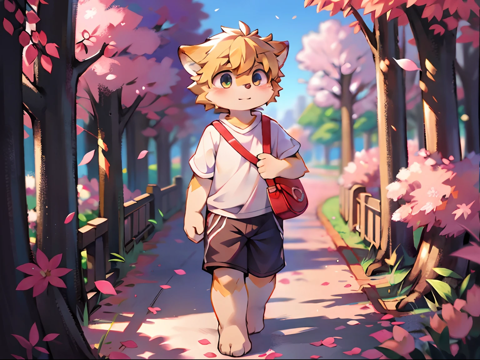 Top quality, Best quality, High-quality illustrations, Masterpiece, Super high resolution, Detailed background, Cherry blossom petals flutter,,  carrying a school bag, Libido boy，Shota，solo person， absurderes(Highly detailed beautiful face and eyes)Perfect anatomy, expression, (Good lighting, cinematic shadow)(komono, furry anthro) Dynamic Angle,Walk，Full body photo，Boy，Shota