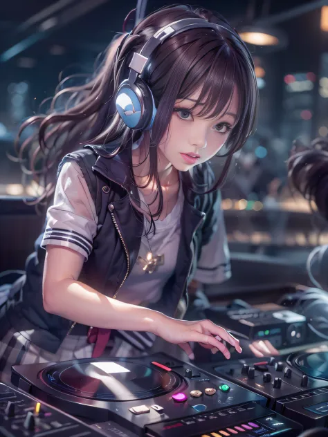 Alafed woman in DJ venue wearing headphones, A look tinged with joy，Ephemeral woman，nightcore, With headphones, Kantai Collectio...