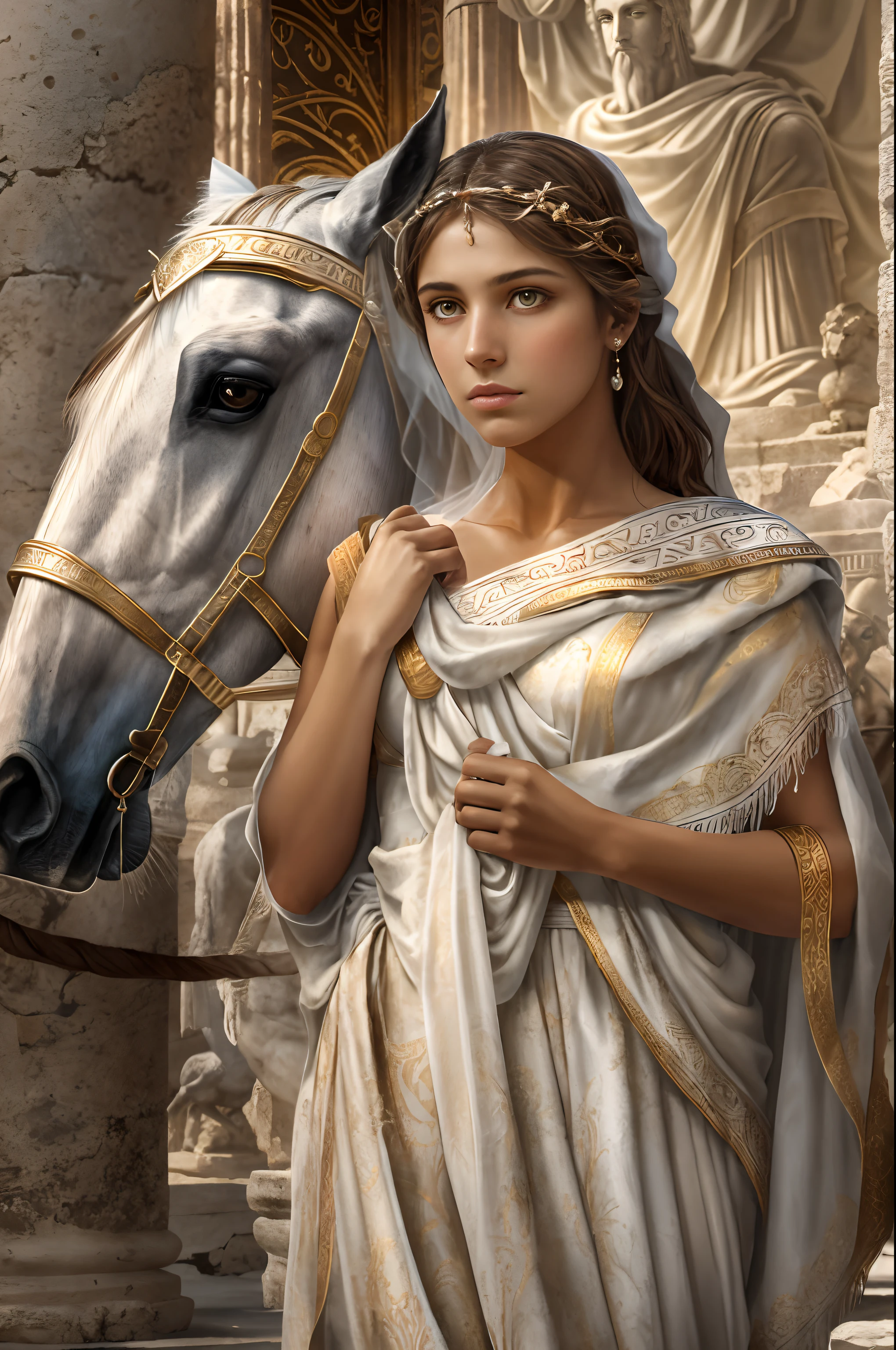 Greek girl goddess of husbandry and horses, With light brown hair, Has light brown strong-willed eyes, Wears white greek toga and veil, Is pouting, One black horse is behind, Ancient Arcadian field and mountain, Greek mythology, mysterious winter of mythic Greece, super high quality, ultra accurate description of hands, HDR, photorealistic, super detail, masterpiece, 8K