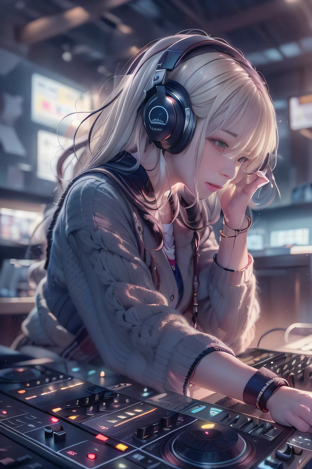 Mulher Alafed no local do DJ usando fones de ouvido, Um olhar tingido de alegria，Mulher efêmera，nightcore, com fones de ouvido, Estilo de coleção Kantai,  iluminação suave, com fones de ouvido, DJ feminina, estilo de arte anime moe