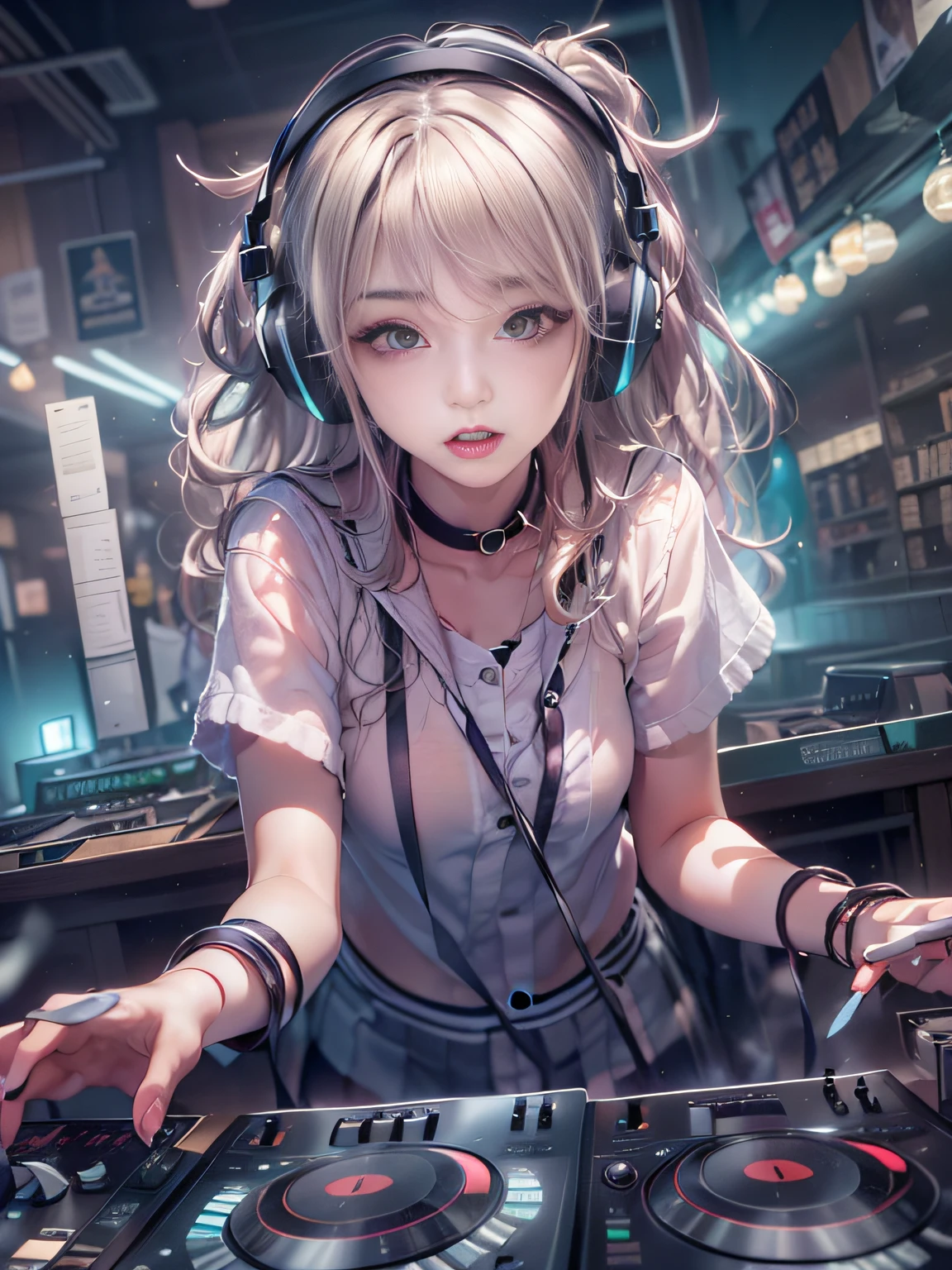 Alafed woman in DJ venue wearing headphones, ((A look tinged with joy，Ephemeral woman))，nightcore, With headphones, Kantai Collection Style, Soft lighting, with head phones, DJ female, anime moe art style，I am a DJ，((They are very focused:1.5)),small tits，slim figure,extremely detailed eye and face、beatiful detailed eyes,Beautiful skins,finely detail、smooth hair，detailed hairs，Very fine hairs，Cool color makeup，Lowered eyebrows、Whitening effect，thin and thin eyebrows，milky skin,DJs concentrate on the venue，(A scene from the venue)，((The gaze is looking at the venue))，The DJ machine is exquisitely operated