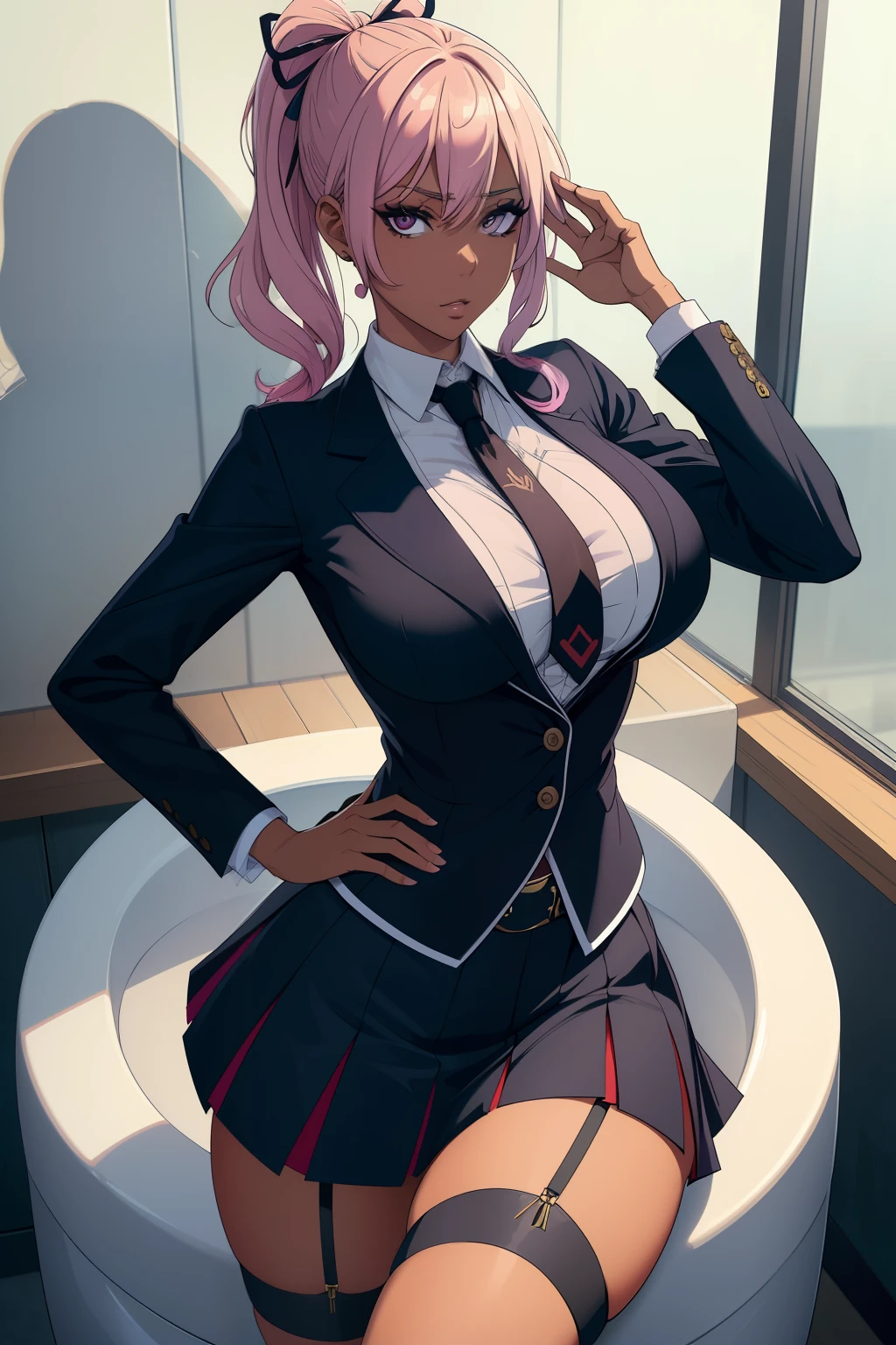 (masutepiece, hight resolution, Best Quality:1.2), 8K, Highly detailed, Convoluted, Colorful, vibrant image, Sharp Focus, Cinematic) Dakini, Dark-skinned,  , shorth hair, gals,  (Wearing black business clothes, Black_Collared shirt cropped jacket ,tie,neck tie,black ruffle skirt, garter strap, Leather waist belt, hair_bow ribbon,) Huge breasts (big perfect round breasts,Hourglass body, thin waist,very thin waist, photographrealistic,(hyper realisitic:1)Beautiful, masutepiece, Best Quality, extra detailed face,Perfect face,Beautiful face, Perfect Lighting,detailed eye makeup, Detail Face, Nice detailed eyes,nice hand, Perfect hands, (Realistic pupils,realistic iris:1) heavy eye makeup, (Focus your attention and squat)(Toilet in the background)、Big spilling out of the chest、AHE Face, 1boy,, Bad girl, swallow the rod strongly, blowjob,