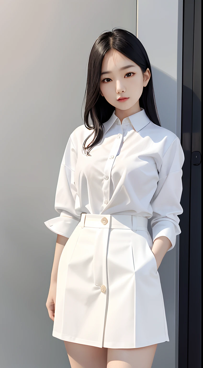 araffed asian woman in a skirt and white shirt posing for a picture, wearing a blouse, wearing white shirt, fine white shirt, wearing in shirt, clothed in white shirt, wearing a white button up shirt, wearing a white shirt, open shirt, wearing a white blouse, white blouse, wearing a light shirt, wearing tight simple clothes, white shirt