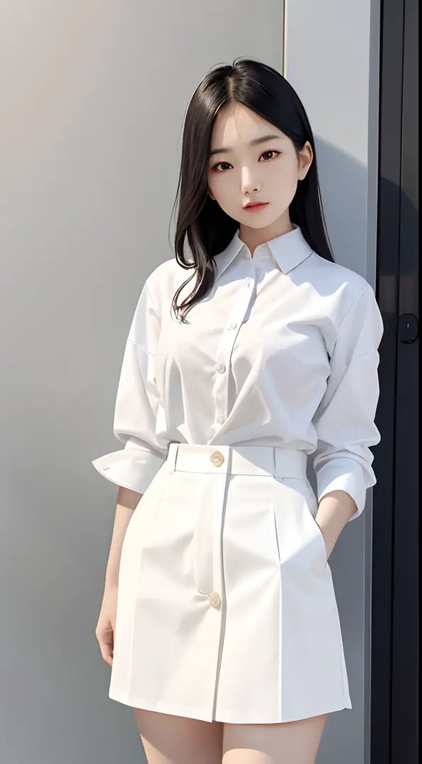 araffed asian woman in a skirt and white shirt posing for a picture, wearing a blouse, wearing white shirt, fine white shirt, we...