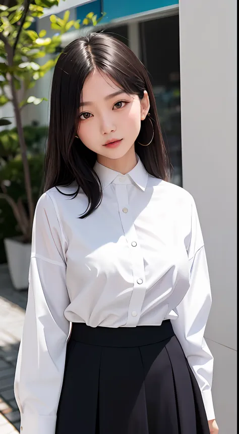 araffed asian woman in a skirt and white shirt posing for a picture, wearing a blouse, wearing white shirt, fine white shirt, we...