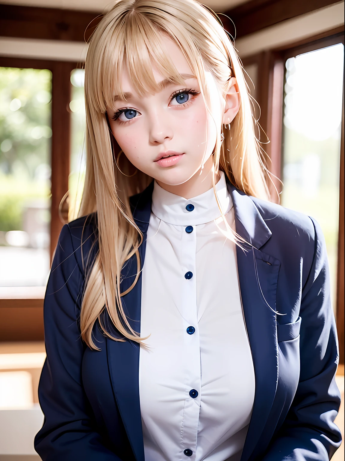 ポートレート、学校の制服、明るい表情、若くて輝く白い輝く肌、究極の美女、ベストルックス、世界で最も美しい明るいブロンドの髪、超ロングのシルクのようなストレートヘア、輝く美しい前髪、輝く透明な魅力的な大きな青い目、とても美しくて愛らしくてかわいい17歳の少女、豊かな胸。