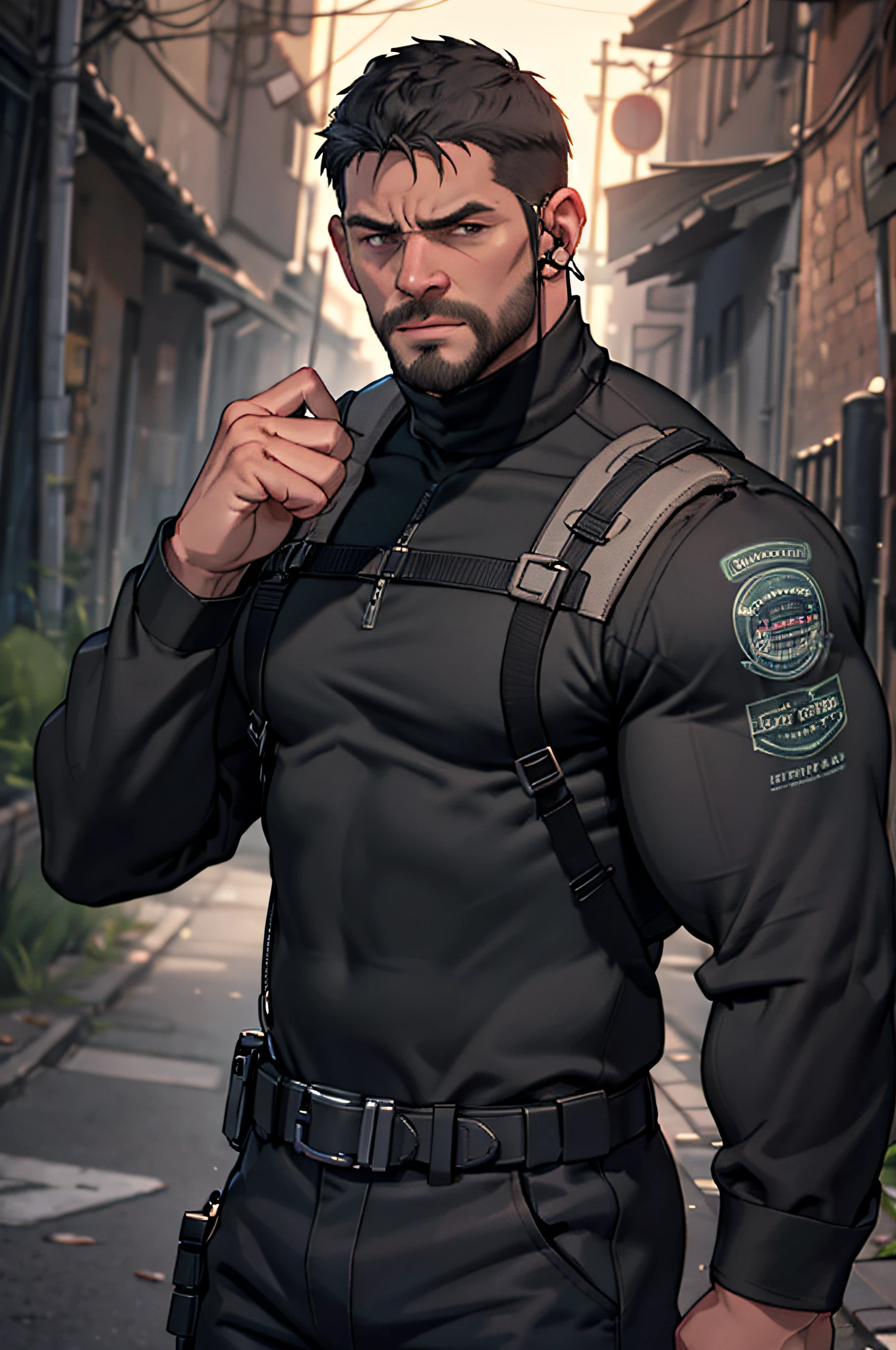 Dark gothic village in the background, old Chris Redfield from Resident Evil 8, 48 year old, muscular male, tall and hunk, biceps, abs, chest, all black cold turtleneck, long sleeves, black trousers, suspenders, earpiece, belt, thick beard, cracking the hand's knuckles, cold face, video games style, high resolution:1.2, best quality, masterpiece, dark nightime, dark atmosphere, shadow, upper body shot