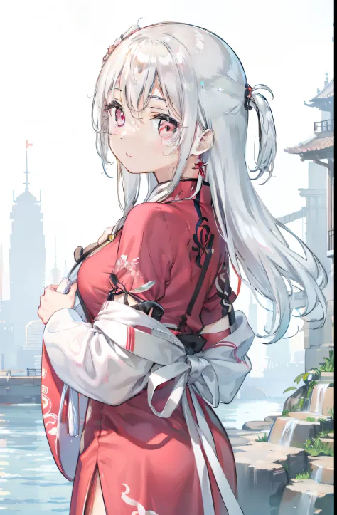 colorize, white hair, red chinese dress