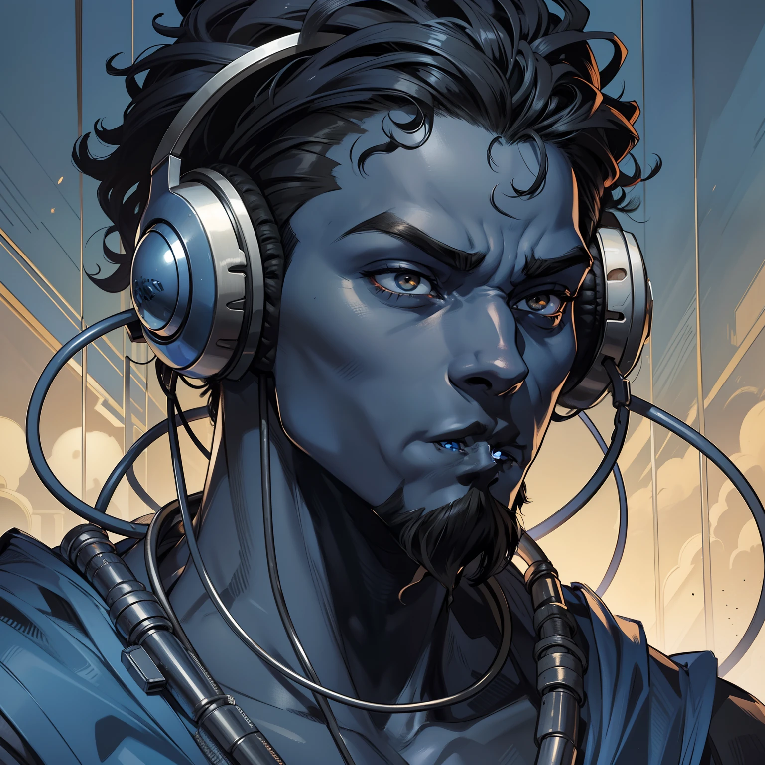 A humanoid creature with the appearance of an 18-year-old man with dark blue skin, on the head wearing a headset, olhos negros, with a classic goatee on his chin, vestindo uma roupa de metal de cor preta