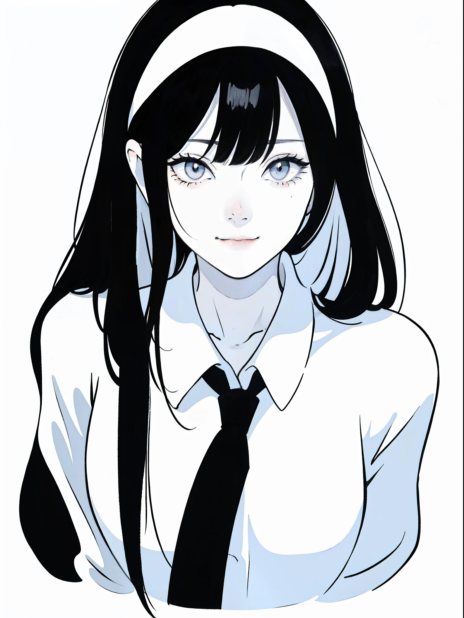 Anime Girl avec de longs cheveux noirs et une chemise blanche,((portrait noir et blanc)),Photo en noir et blanc,sourire,Peinture minimaliste,Traits simples,les cheveux en désordre,frange en désordre,Timide,Chemise blanc pur,maquillage épais,photo du visage,Mettre du rouge à lèvres sur la bouche