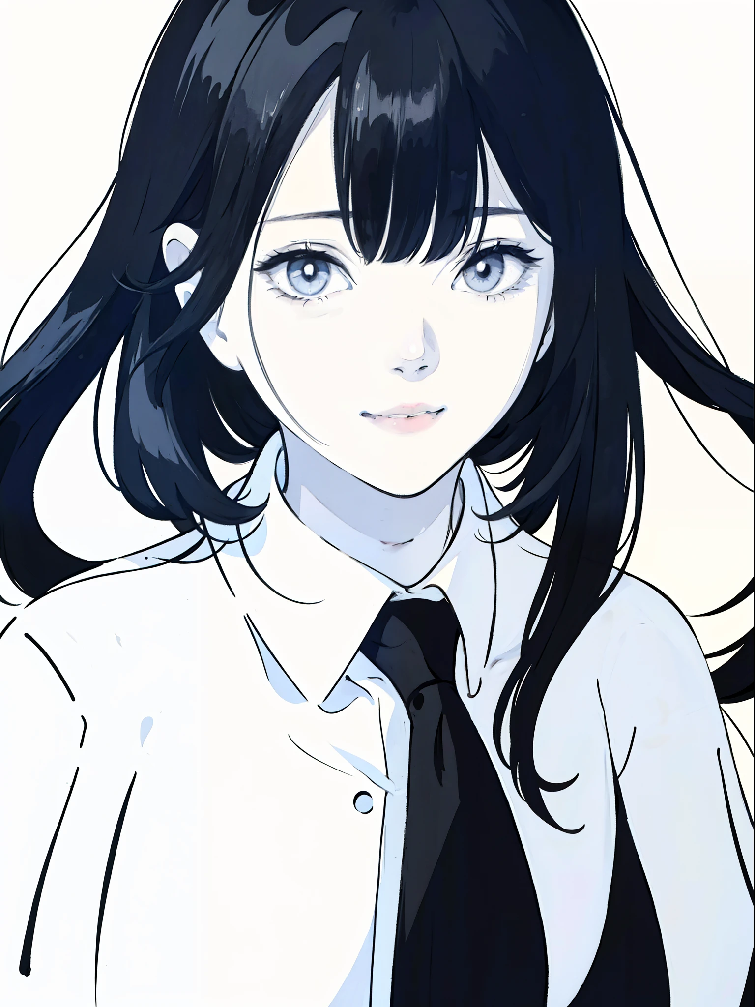 Anime Girl avec de longs cheveux noirs et une chemise blanche,((portrait noir et blanc)),Photo en noir et blanc,sourire,Peinture minimaliste,Traits simples,les cheveux en désordre,frange en désordre,Timide,Chemise blanc pur,maquillage épais,photo du visage,Mettre du rouge à lèvres sur la bouche