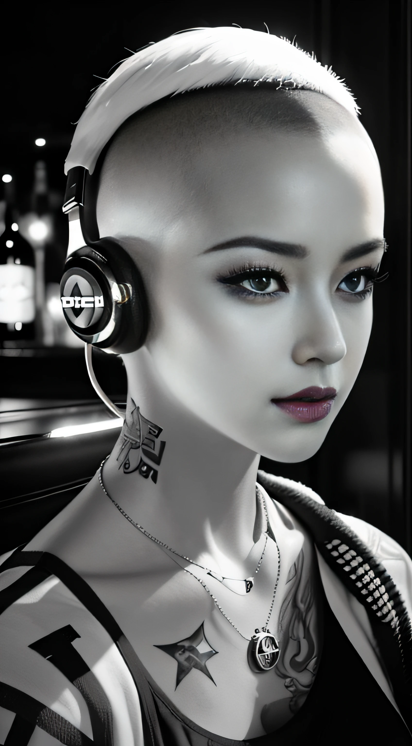 Best quality, Masterpiece, Ultra High resolution, (Fidelity :1.4), (B&W:1.3), original photo, Edge lighting, two-tone Light, Professional, Photography, 1 girl, bar, girl wearing headphones, Dding in bar, DJ, DJ booth, DJ machine, (buzz cut:1.1), (Tattoo :1.1), Happy, Dynamic, Gucci, Versace, cool, necklace, view