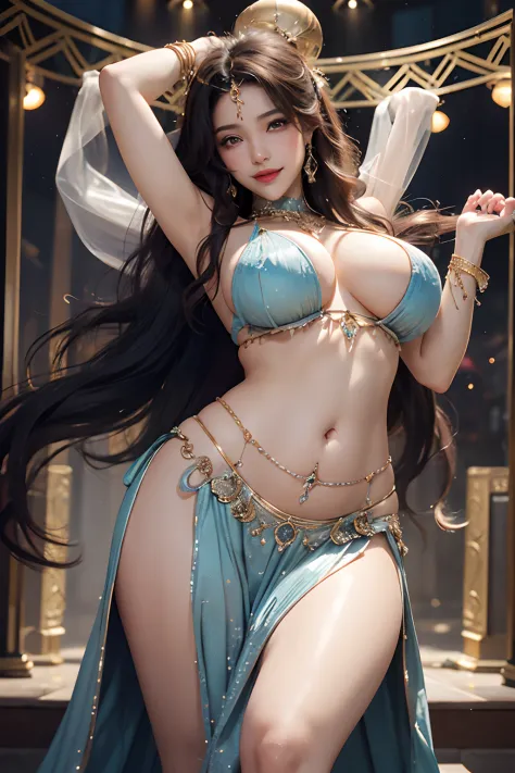 masutepiece, Best Quality, ultra-detailliert, 1womanl, 35 years old, inely detailed beautiful eyes, (((Glamour body))), (((Huge breasts))), {{{{Vulgarity}}}}, Seductive smile, ((Erotic Belly Dancer)), ((Elo Belly Dance)),  细致Background with, Background wit...