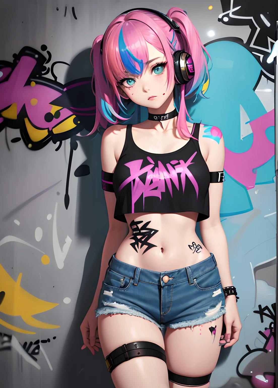 masterpiece, best quality, 1girl, solo, crop top, denim shorts, choker, (graffiti:1.5), paint splatter, arms behind back, against wall, looking at viewer, armband, thigh strap, paint on body, head tilt, bored, multicolored hair, aqua eyes, headset,