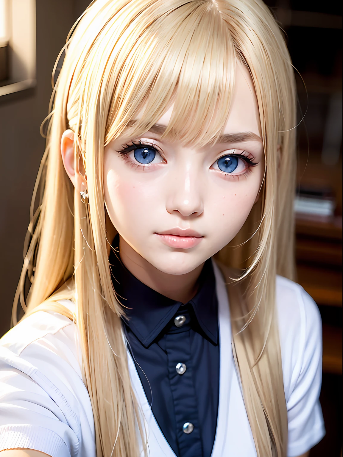 portlate、School Uniforms、bright expression、Young shiny shiny white shiny skin、ultimate beauty girl、Best Looks、The most beautiful bright blonde hair in the world、Super long silky straight hair、Beautiful bangs that shine、Glowing crystal clear attractive big blue eyes、Very beautiful lovely cute 17 year old girl、Lush bust。