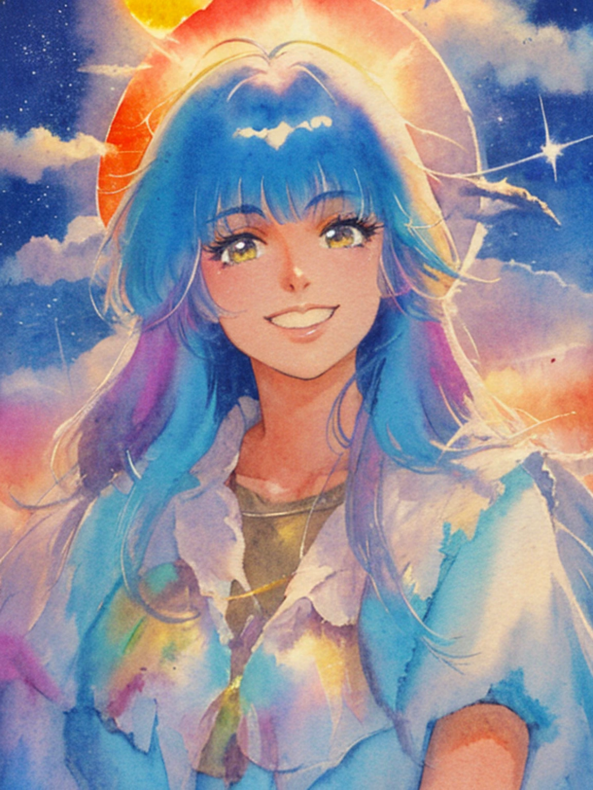 takama akemi, 1980s \(style\), painting \(medium\), retro artstyle, watercolor \(medium\),  beautiful, masterpiece, best quality,
detailed face, perfect lighting, 1girl, solo, rainbow hair, magical girl,
smile, messy bangs, sky, stars, sun, twilight,