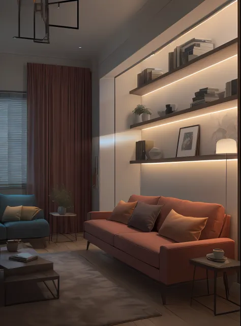 there is a living room with a couch and a table, cinematic accent lighting, rendered lighting, detailed archviz render, Soft lighting 8K, vray 8k render, dramatic lighting render, 8k vray render, soft lighting 8 k resolution, soft lighting 8k resolution, h...