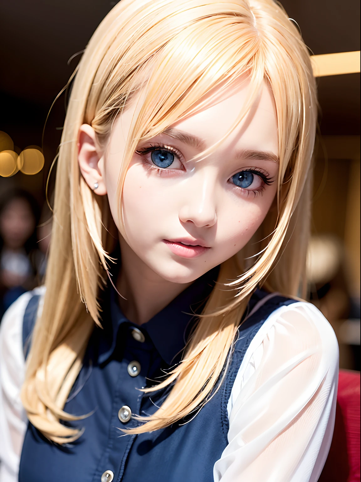 portlate、School Uniforms、bright expression、Young shiny shiny white shiny skin、ultimate beauty girl、Best Looks、The most beautiful bright blonde hair in the world、Super long silky straight hair、Beautiful bangs that shine、Glowing crystal clear attractive big blue eyes、Very beautiful lovely cute 17 year old girl、Lush bust。