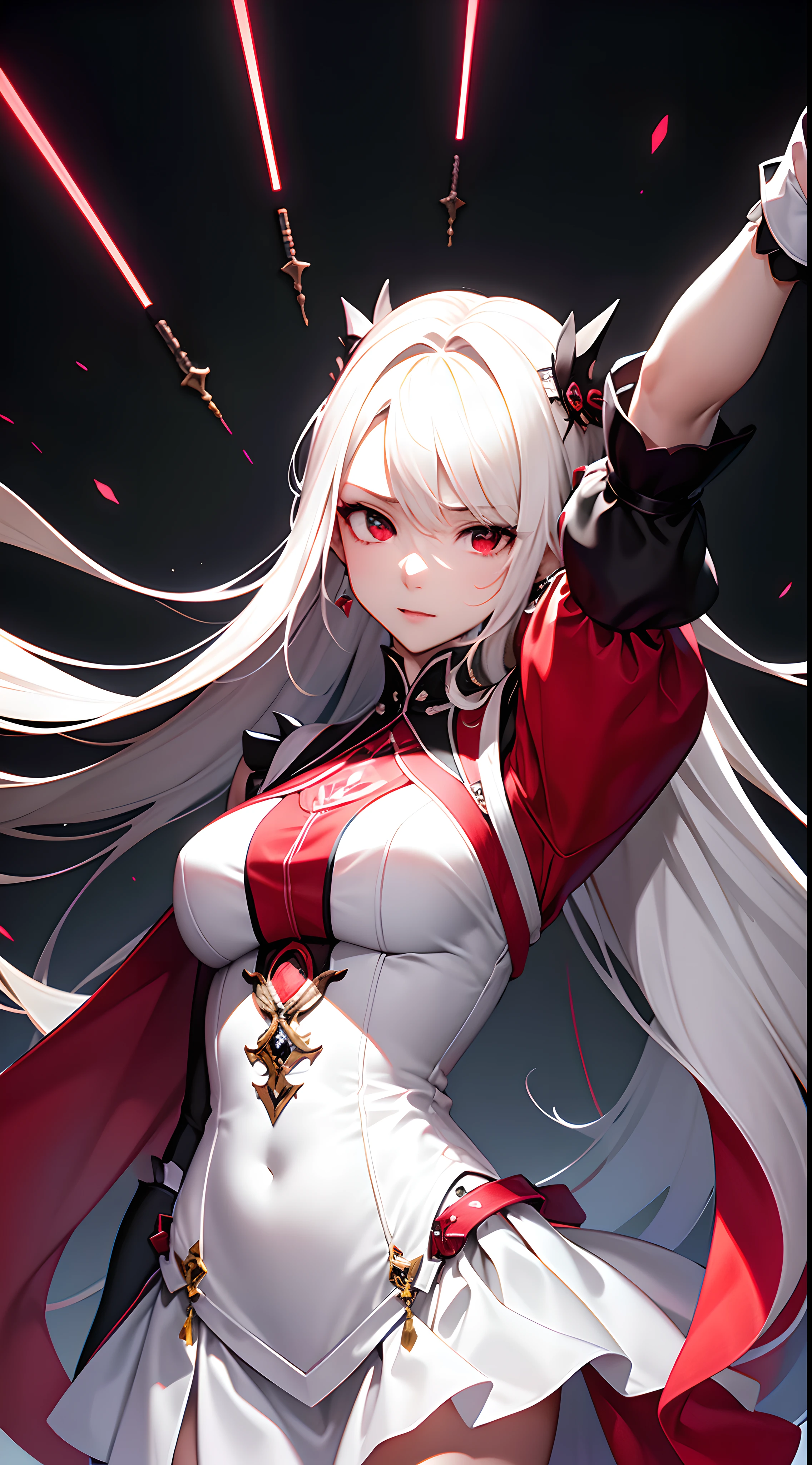 8K resolution，Highest image quality，tmasterpiece，Master composition，Rich artistic conception，Long flowing white hair，despise，Black and red dress，Domineering，Glowing longsword，hight contrast，cyber punk perssonage