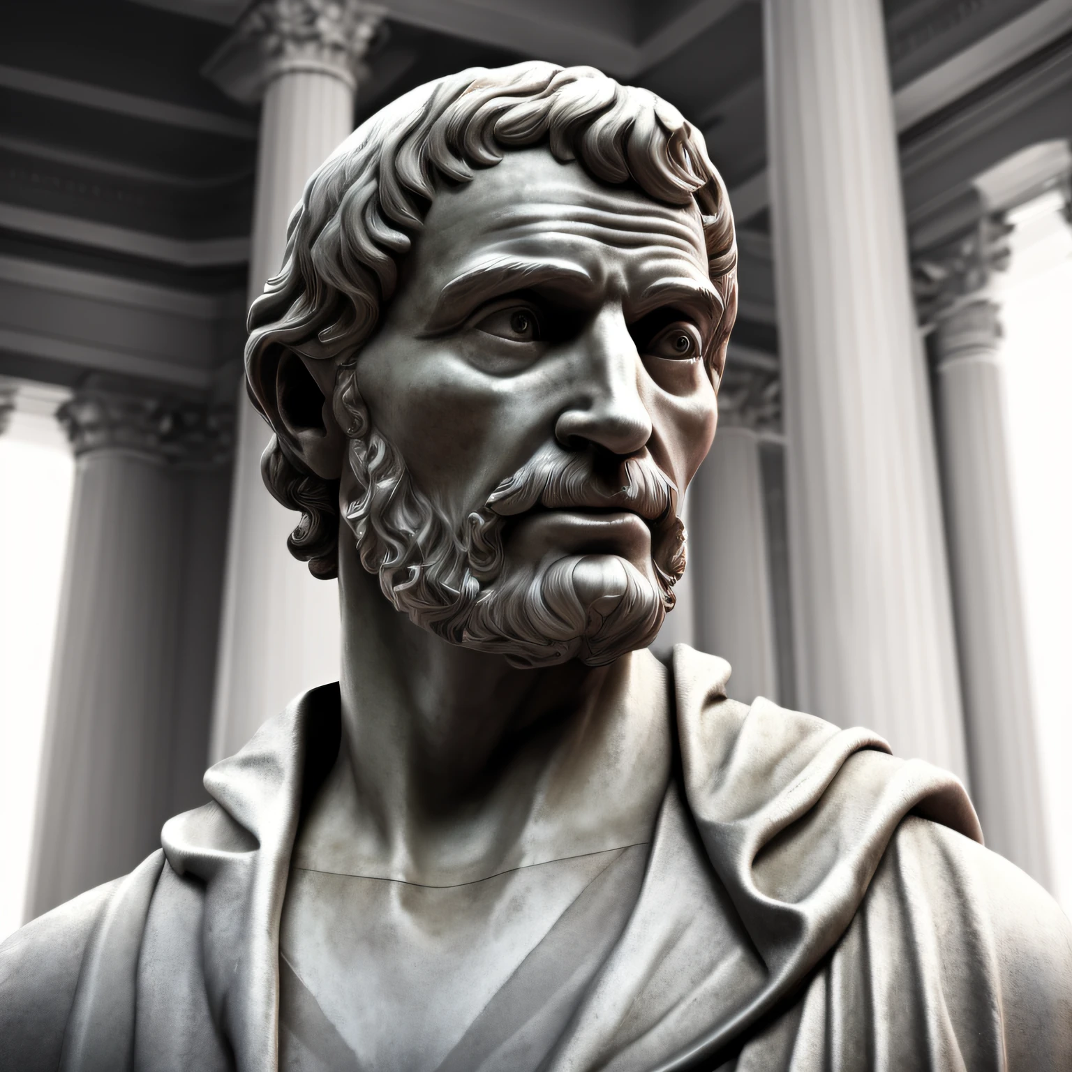 Seneca, Close-up of a classical wise Greek philosopher, Statue in a temple, postura estoica, deus grego, wisdom, cinematic feel, preto e branco, ultra realistic, Ultra detalhado e artesanal em todos os aspectos, Descubra os Sete Mares