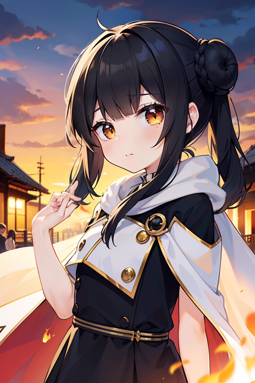 masterpiece, best quality, 1girl, solo, black hair, blunt bangs, (braided buns), ((short twintails)), yellow eyes, (((white))) long cape, black dress, ((pink inside the fabric)), greeting, lower one's back, burning town, smoke of fire, cloudy weather