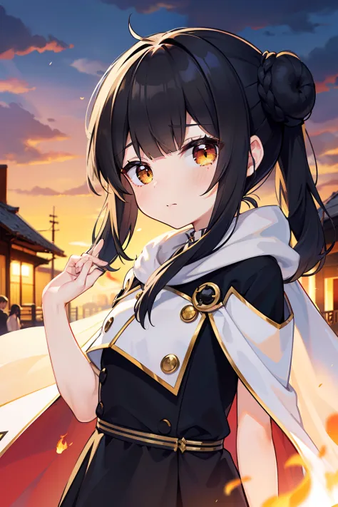 masterpiece, best quality, 1girl, solo, black hair, blunt bangs, (braided buns), ((short twintails)), yellow eyes, (((white))) l...