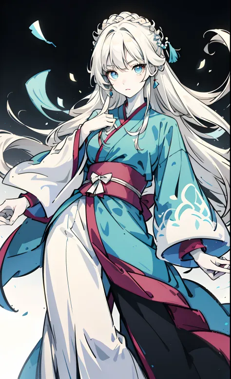 Anime 4K quality,Anime heroine，Royal sister，white color hair，White-colored skin，long whitr hair，Single horsetail，Light blue eyes，Hanfu