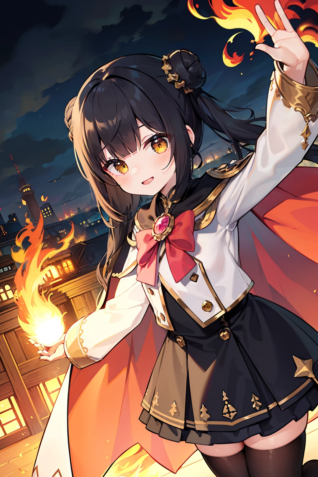 masterpiece, best quality, 1girl, solo, black hair, blunt bangs, (braided buns), ((short twintails)), yellow eyes, (((white))) long cape, black dress, ((pink inside the fabric)), lower one's back, ((bowing down)), (burning town), smoke of fire, (cloudy weather), smiling, ((with one's hands stretched up))