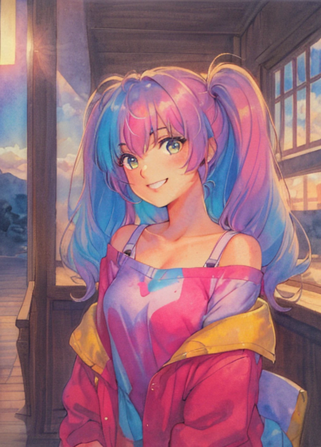 takama akemi, 1980s \(style\), painting \(medium\), retro artstyle, watercolor \(medium\),  beautiful, masterpiece, best quality,
detailed face, perfect lighting, 1girl, solo, rainbow hair, magical girl,
smile, messy bangs, sky, stars, sun, twilight,