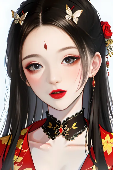 masterpiece,best quality,absurdres,original,extremely delicate and beautiful,beautiful detailed eyes and face,1girl, black hair, flower, japanese clothes, looking at viewer, red flower, solo, (shiny skin),(masterpiece:1.4),(best quality:1.4),realistic