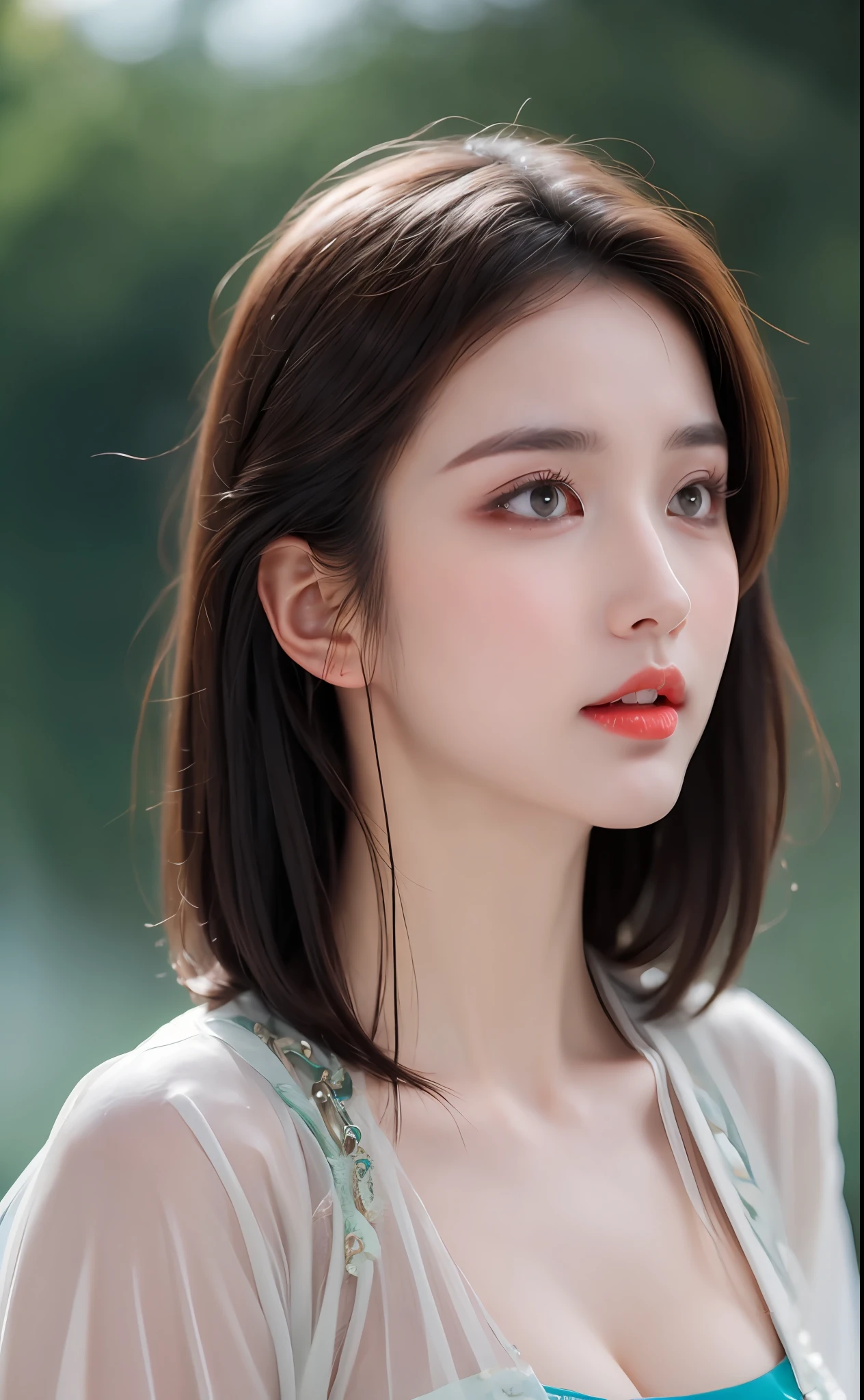 ((Best Quality, 8k, Masterpiece: 1.3)), Focus: 1.2, Perfect Body Beauty: 1.4, Buttocks: 1.2, ((Layered Haircut)), (Wet Clothes: 1.1), (Rain, Street:1.3), (Breasts: 1.2), (Hanfu: 1.2), Bare Shoulders, Bare Legs, Highly Detailed Face and Skin Texture, Fine Eyes, Double Eyelids, Whitened Skin, Long Hair, (Shut Up: 1.5), (Bokeh Background: 1.5), Big Breasts