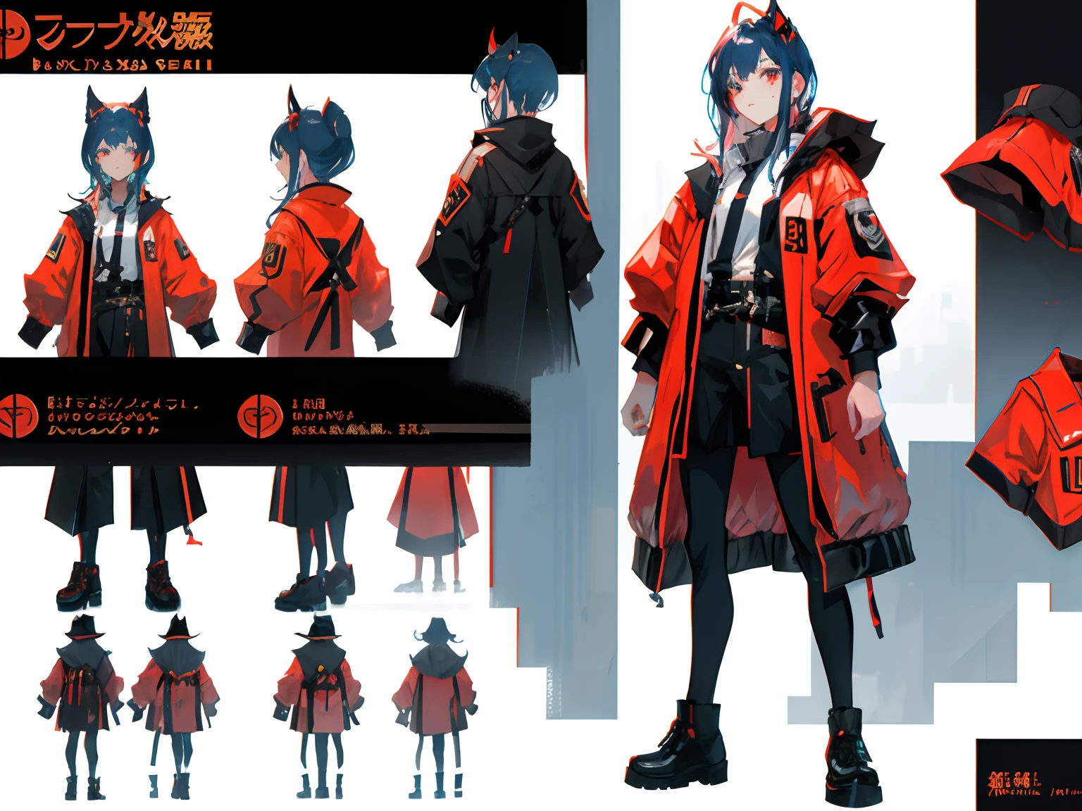 1girll，Tall guy，long leges，Red eyes，pelo rojo corto，Red headphones，Red trench coat，Black cloth tape，Red windproof boots，Stand up，One hand crosses the waist，chest，Gloomy face，A fierce-eyed，Domineering，warn，HighestQuali，4K，Chinese girl design，Genshin detailed art，Anime character design，anime concept art，pretty anime character design，anime character reference sheet，[character  design]