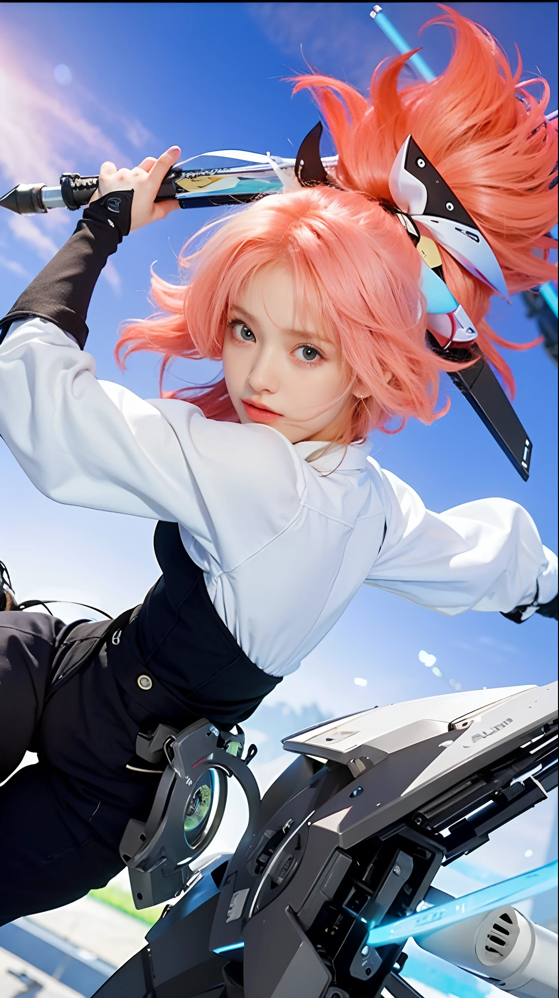 (8k, best quality, masterpiece:1.2), (realistic, photo-realistic:1.37), ultra-detailed, A detailed portrait of 1 girl 18 year old, cute girl, british girl, futuristic outfits, holding sword, pale skin, perfect body, blue eyes, pink hair. The scene is illuminated with professional lighting, photon mapping, and radiosity, with Tetsuya Nomura Style. Blur bokeh effect, realistic light.