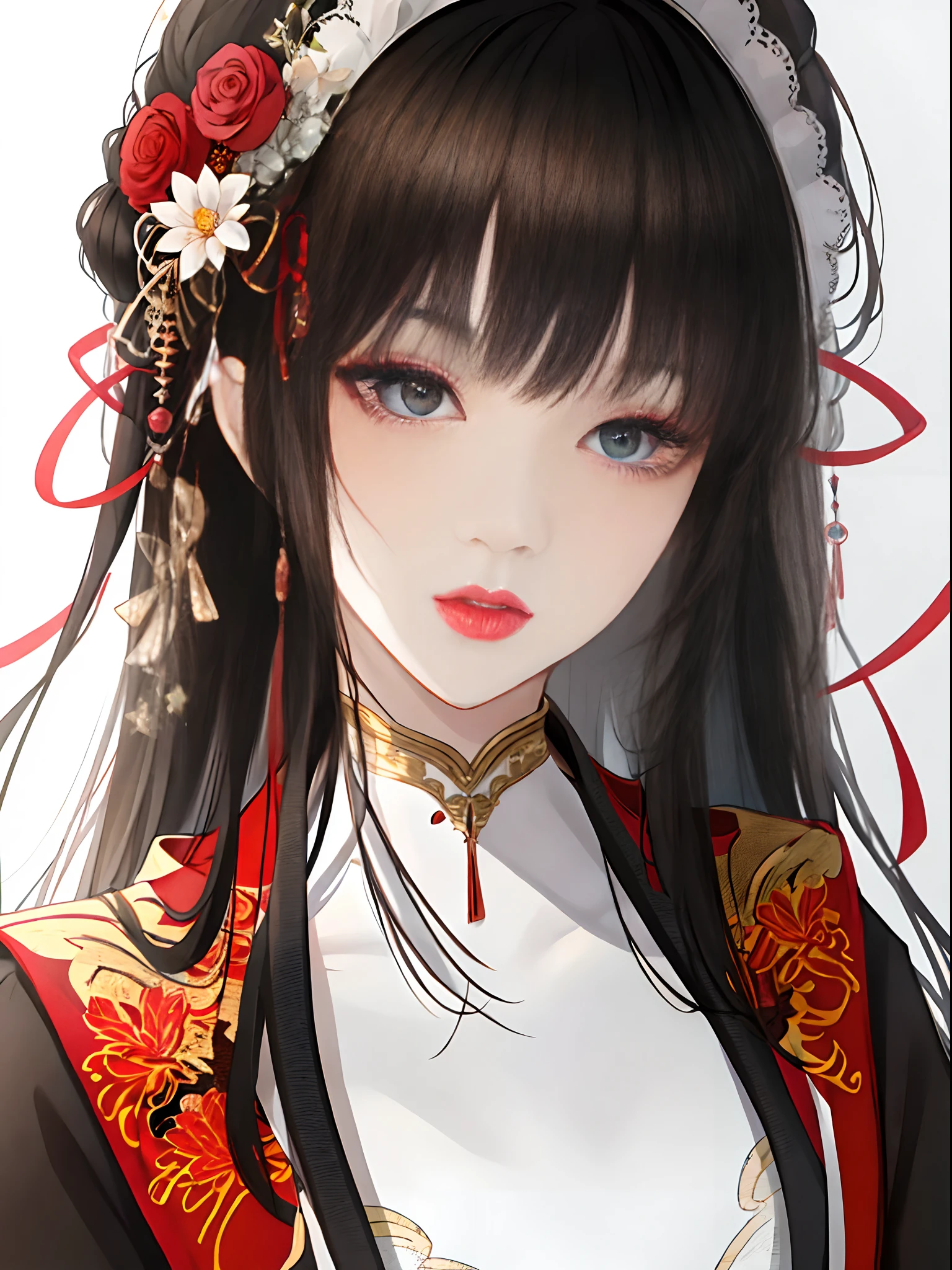 masterpiece,best quality,absurdres,original,extremely delicate and beautiful,beautiful detailed eyes and face,1girl, black hair, flower, japanese clothes, looking at viewer, red flower, solo, (shiny skin),(masterpiece:1.4),(best quality:1.4),realistic