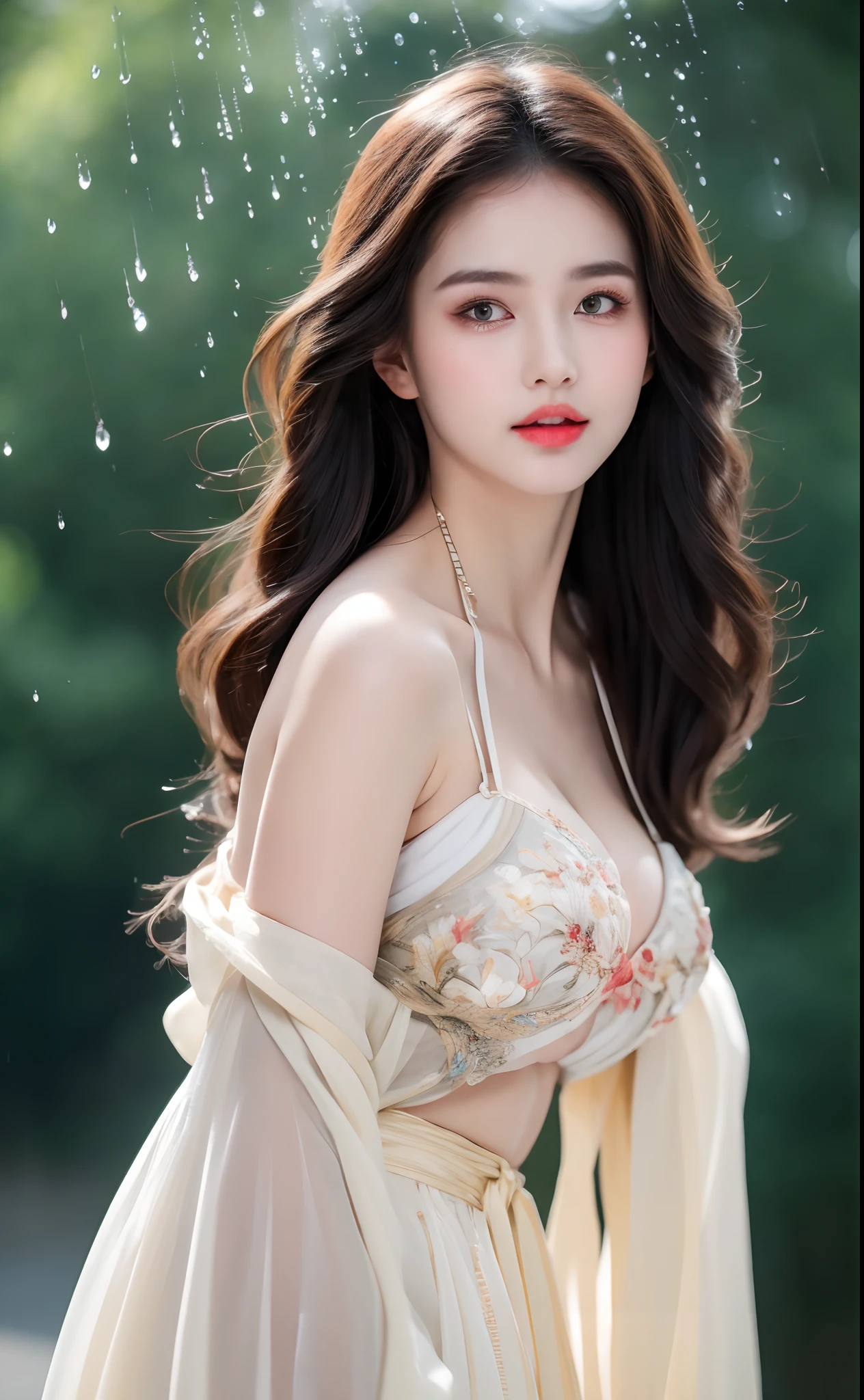 ((Best Quality, 8k, Masterpiece: 1.3)), Focus: 1.2, Perfect Body Beauty: 1.4, Buttocks: 1.2, ((Layered Haircut)), (Wet Clothes: 1.1), (Rain, Street:1.3), (Breasts: 1.2), (Hanfu: 1.2), Bare Shoulders, Bare Legs, Highly Detailed Face and Skin Texture, Fine Eyes, Double Eyelids, Whitened Skin, Long Hair, (Shut Up: 1.5), (Bokeh Background: 1.5), Big Breasts