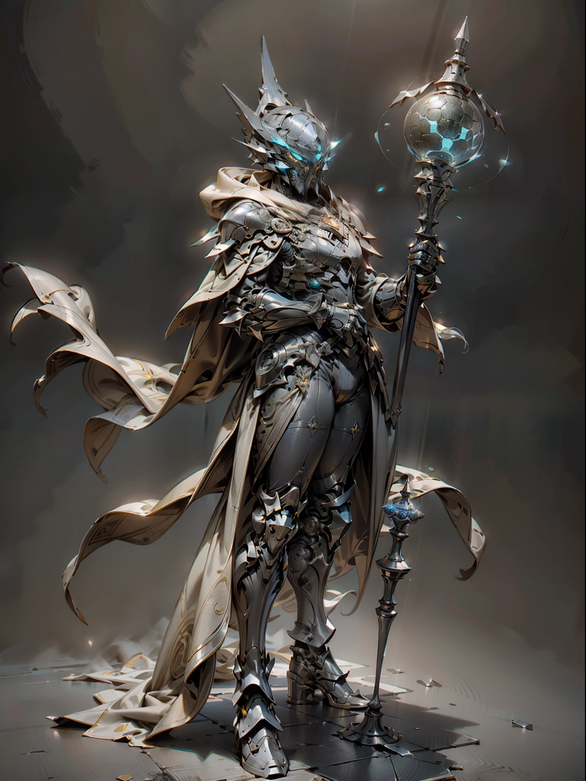 Ghost armor holding huge ice wand, male mage, ice blue armor all over, super cool ghost mage, wearing ice blue cloak, huge staff, glowing magic ball, magic pose, tall, glowing eyes, with mask, tall figure, perfect body proportions, looking up, super detail, IP by pop mart, edge light, avatar, octane rendering, blender, full body, clean black background, 3d, c4d, best quality, very detailed, Ancient Technology, HDR (High Dynamic Range), Ray Tracing, NVIDIA RTX, Super Resolution, Unreal 5, Subsurface Scattering, PBR Texture, Post Processing, Anisotropic Filtering, Depth of Field, Maximum Clarity and Acutance, Multilayer Textures, Albedo and Highlight Maps, Surface Shading, Accurate Simulation of Light-Material Interactions, Perfect Proportions, Octane Rendering, Two-tone Lighting, Low ISO, White Balance, Rule of Thirds, Wide Aperture, 8K RAW, High Efficiency Sub-Pixel, Subpixel Convolution, Glowing Particles, Light scattering, Tyndall effect